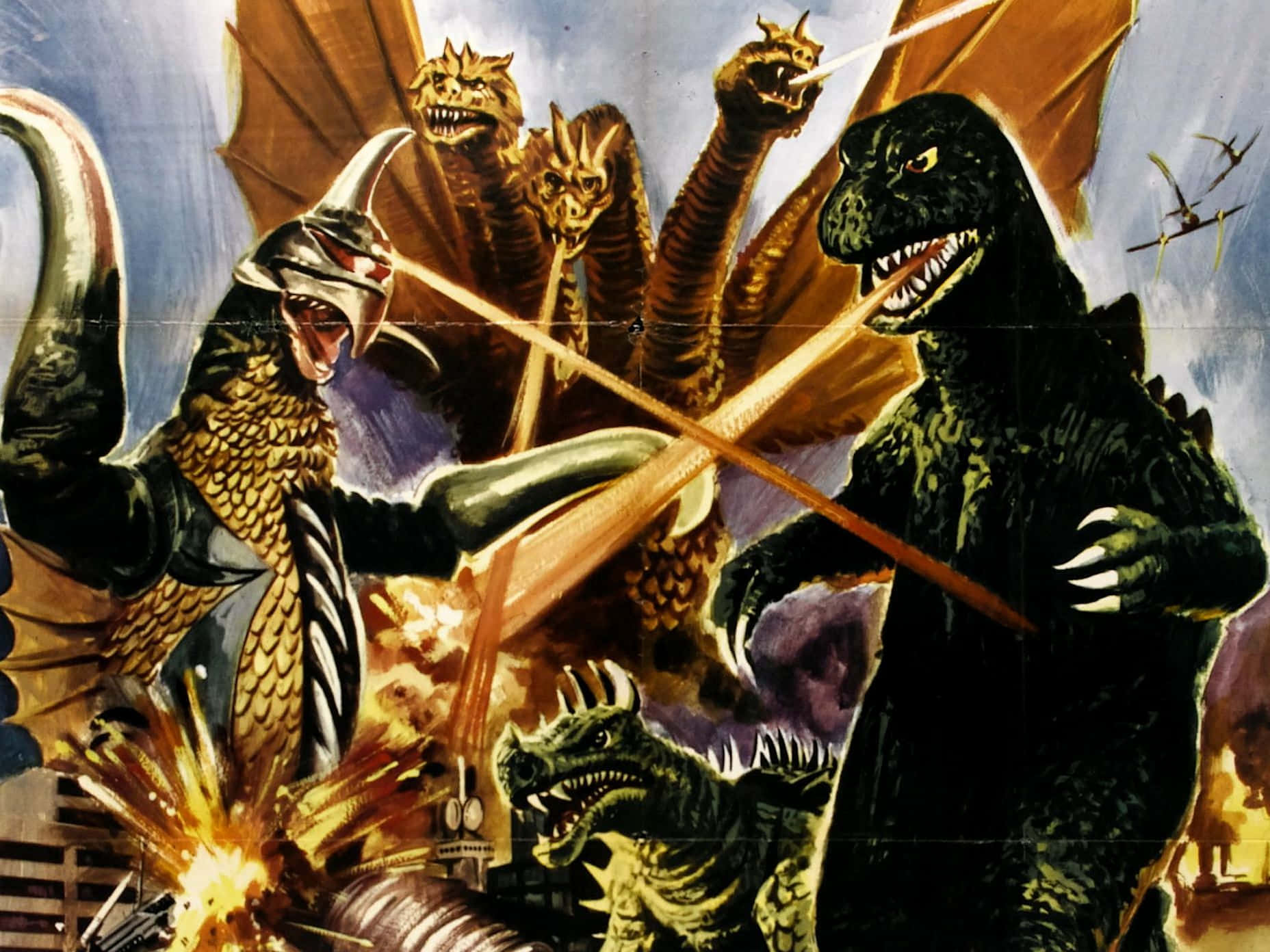 Classic Godzilla 桌布 壁紙 — 哥斯拉在風暴天空下，於熾熱爆炸和崩塌的城市建築物中與多個怪獸戰鬥。