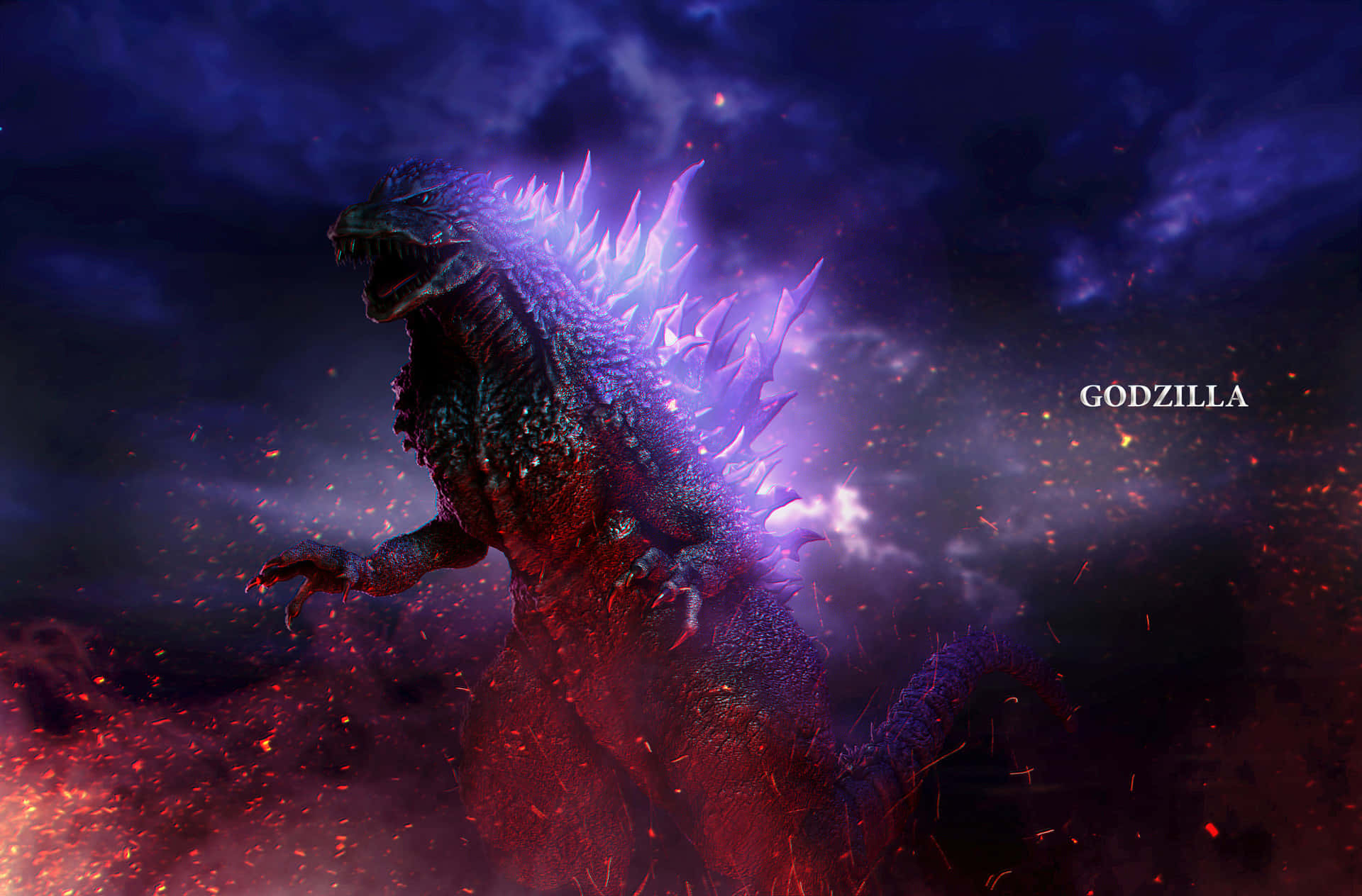 Godzilla 2000 桌布 壁紙 — 哥斯拉在黑暗暴風雨的天空下威風凜凜地站立，發光的紫色背鰭點燃，火花四濺。