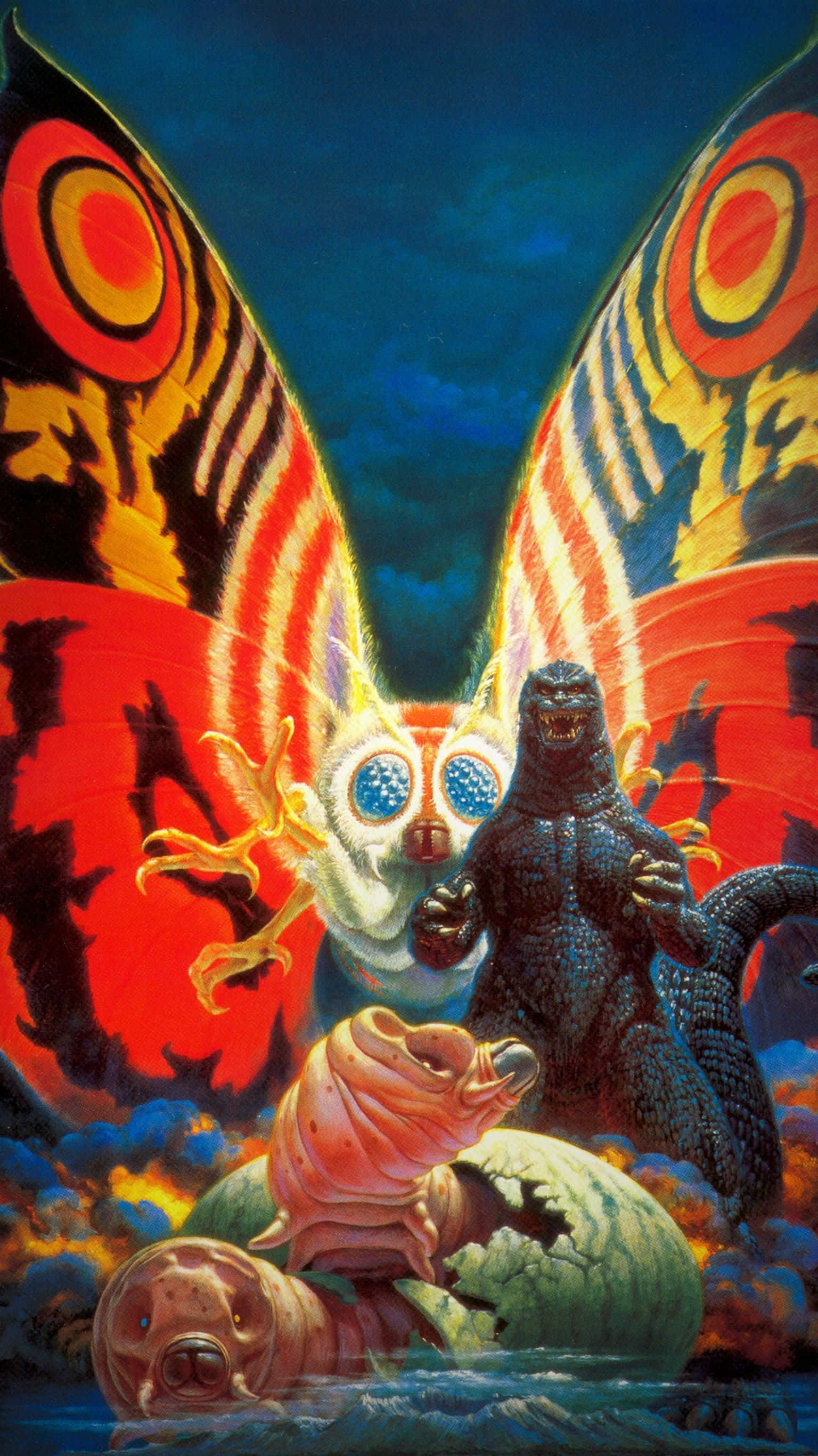Classic Godzilla 桌布 壁紙 — 哥斯拉在黑暗的天空下，於熾熱的海洋戰鬥中，挑釁地面對一隻巨大的蝴蝶怪物。