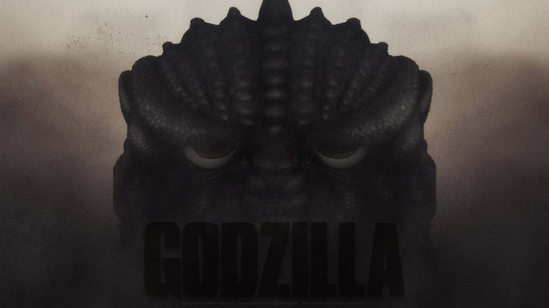Godzilla 2014 桌布 壁紙 — 哥斯拉帶有紋理的頭部從黑暗迷霧中出現的威脅性特寫，眼睛發光並帶有粗體標題文字。