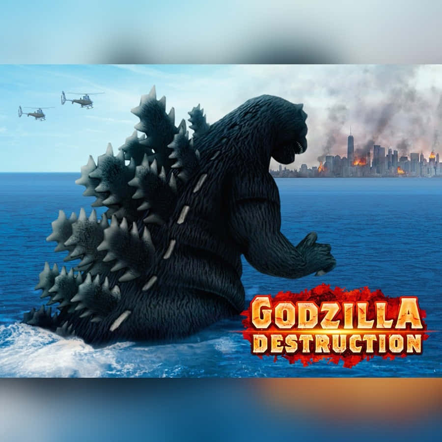 Godzilla City Destruction 桌布 壁紙 — 哥斯拉從海洋中出現，直升機在頭頂飛過，遠處燃燒的城市天際線冒著煙。