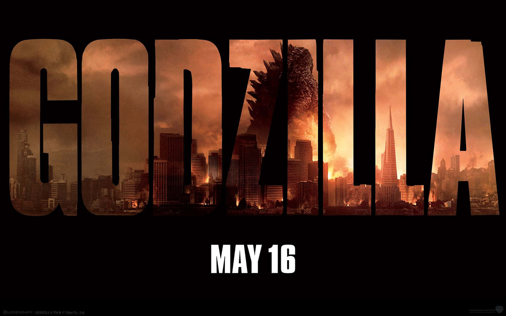 Godzilla 2014 桌布 壁紙 — 哥斯拉從烈焰毀滅中現身，其剪影聳立於燃燒城市景觀上方的標題字母之後。