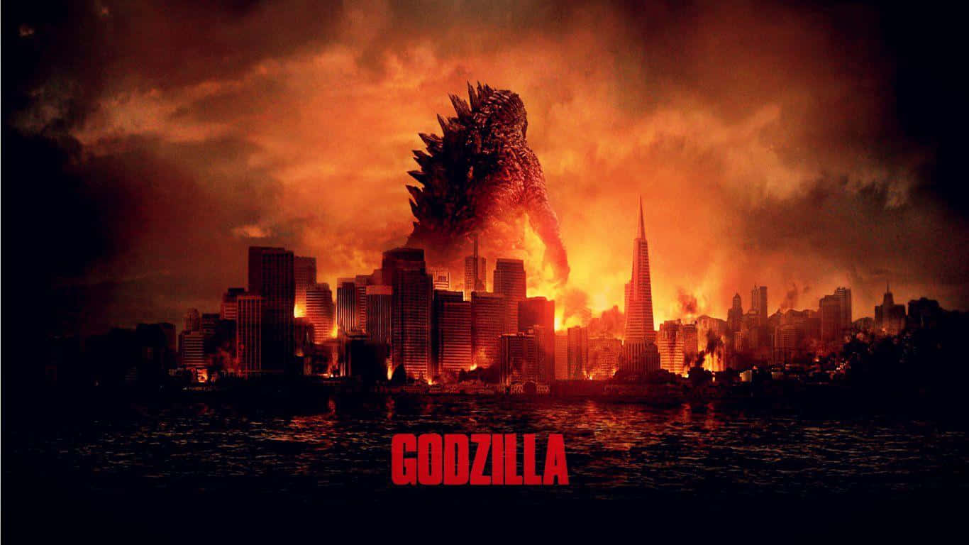 Burning Godzilla 桌布 壁紙 — 哥斯拉從烈焰水域中升起，在血橙色天空下摧毀燃燒的城市天際線。