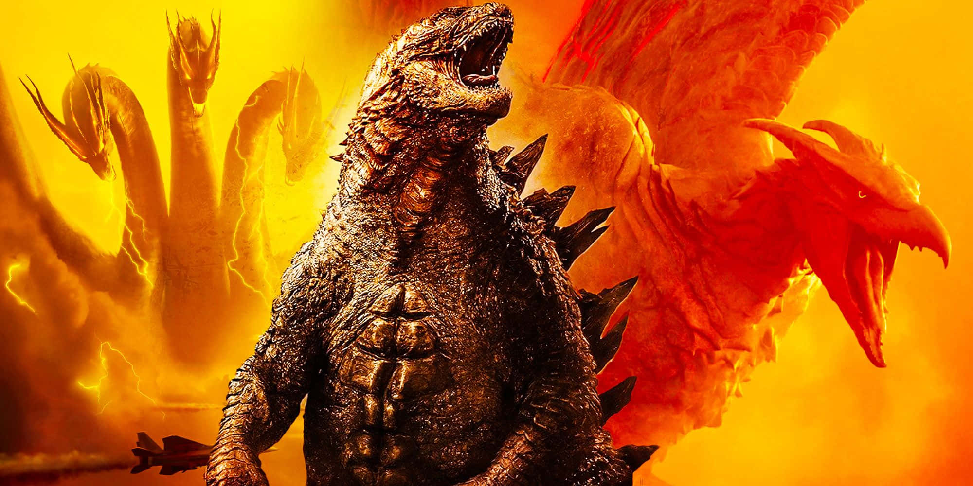 Godzilla Vs Rodan 桌布 壁紙 — 哥斯拉挑釁地咆哮，火紅色的王者基多拉和一條多頭蛇在他身後聳立，背景是熾熱的橙色天空。