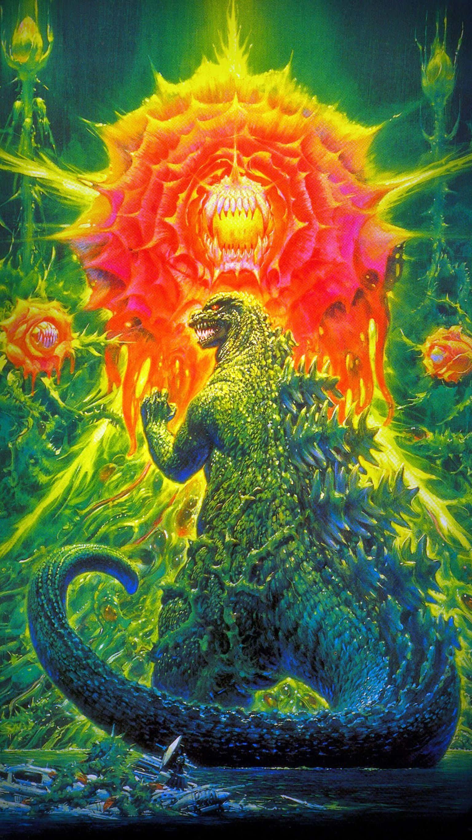 Godzilla Vs Biollante 桌布 壁紙 — 哥斯拉挑釁地站在一朵怪異的火焰花前，花朵有著發光的眼睛和鋸齒狀的花瓣，背景是超現實的霓虹叢林。