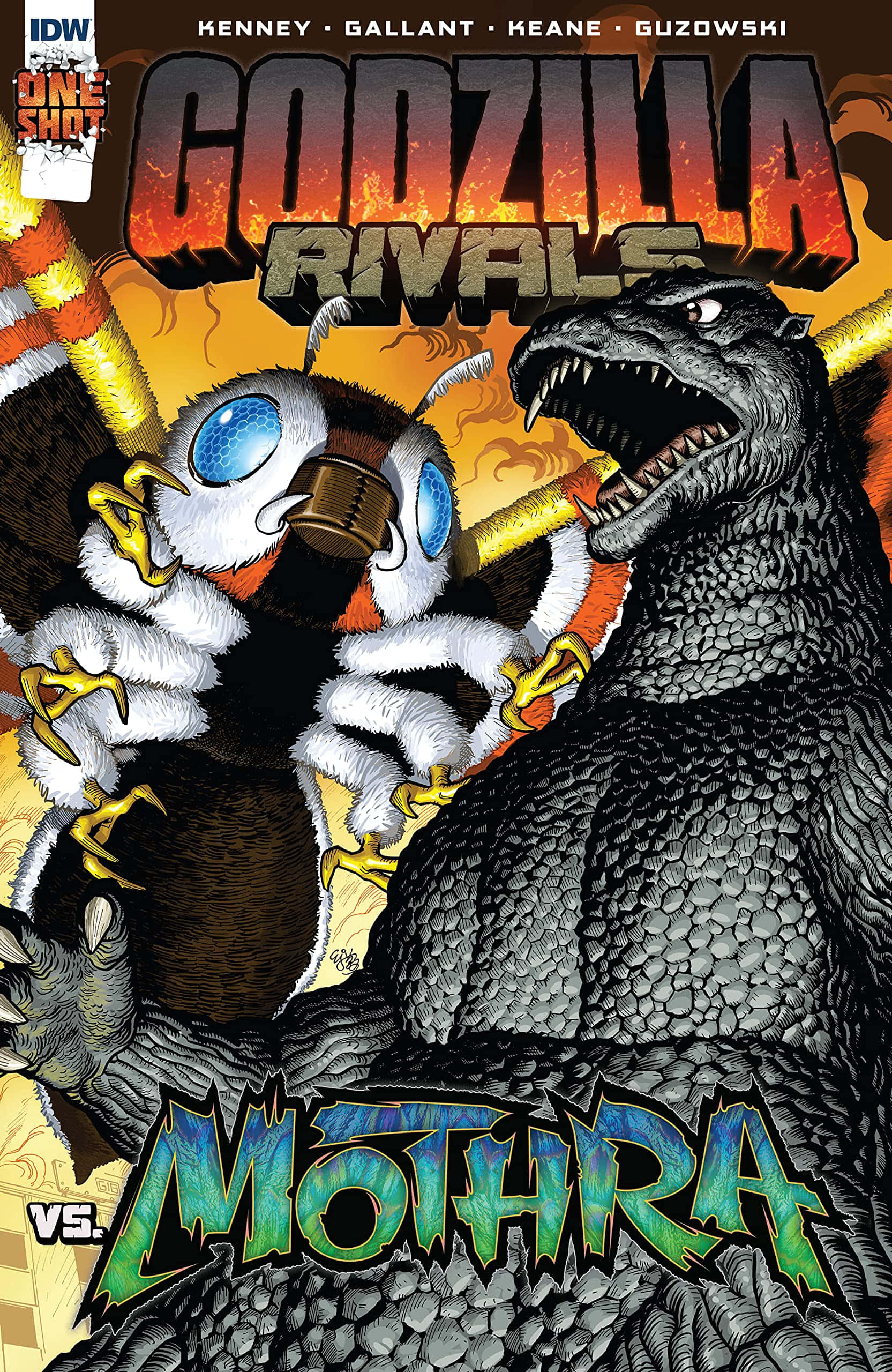 Godzilla Vs Mothra 桌布 壁紙 — 哥斯拉發出威脅性的咆哮，而摩斯拉則以發光的藍色眼睛和金色角，在熾熱的戰鬥場景中挑釁地站立。