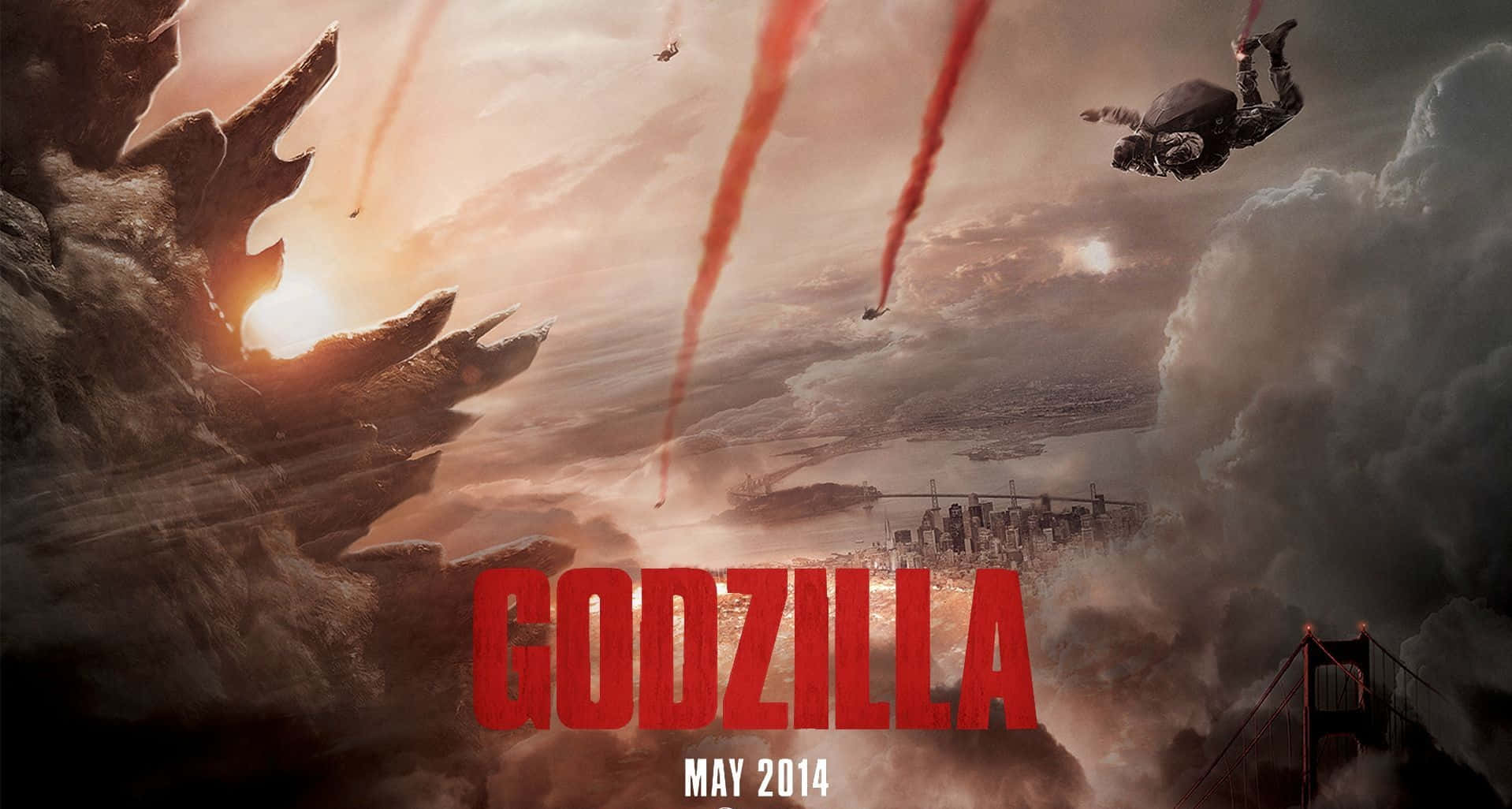 Godzilla 2014 桌布 壁紙 — 哥斯拉的巨大頭顱籠罩著城市，戰鬥機在煙霧和火焰中穿梭。