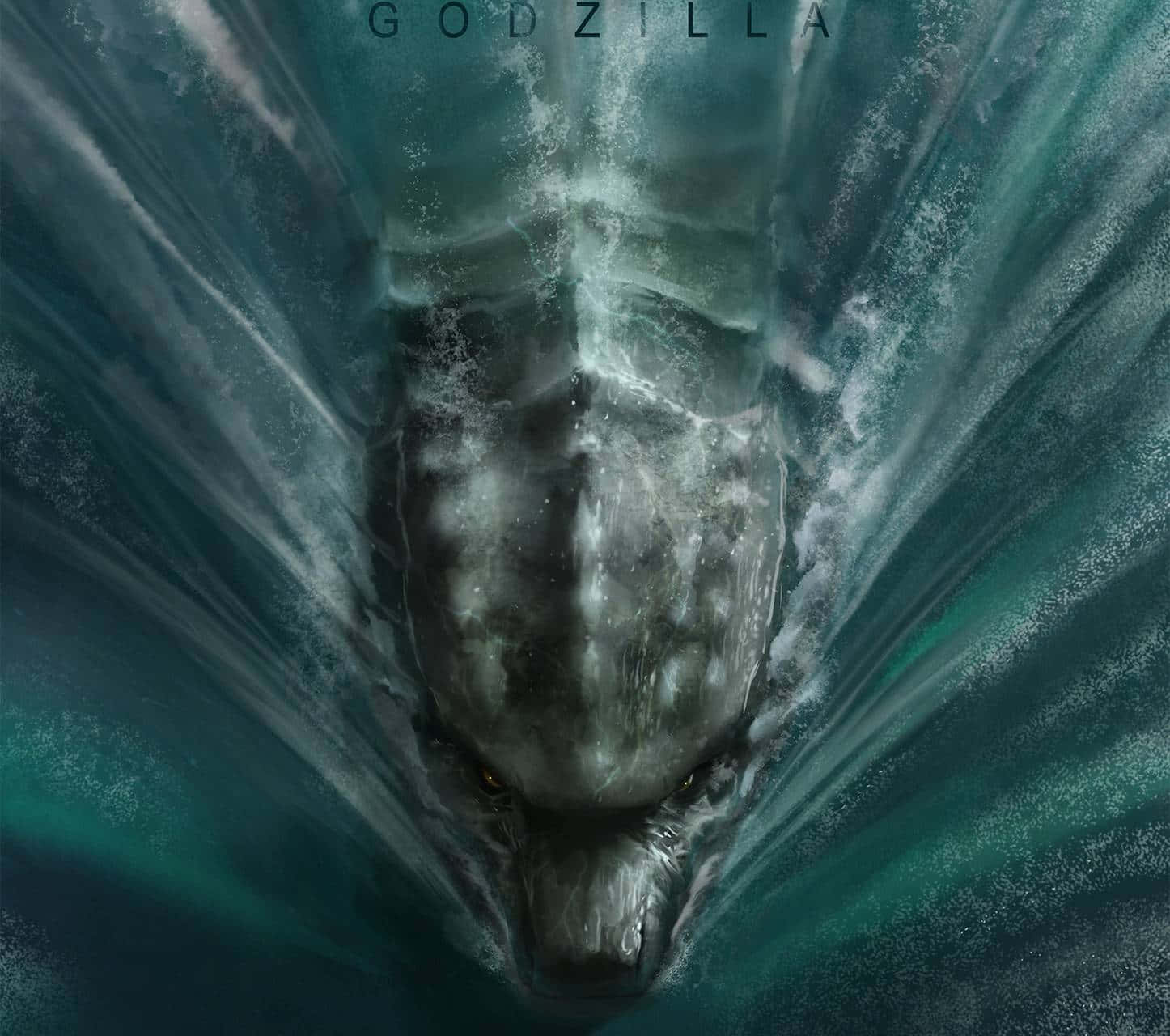Godzilla 2014 桌布 壁紙 — 哥斯拉的巨大頭顱衝破洶湧的藍綠色水面，發光的眼睛向下凝視。