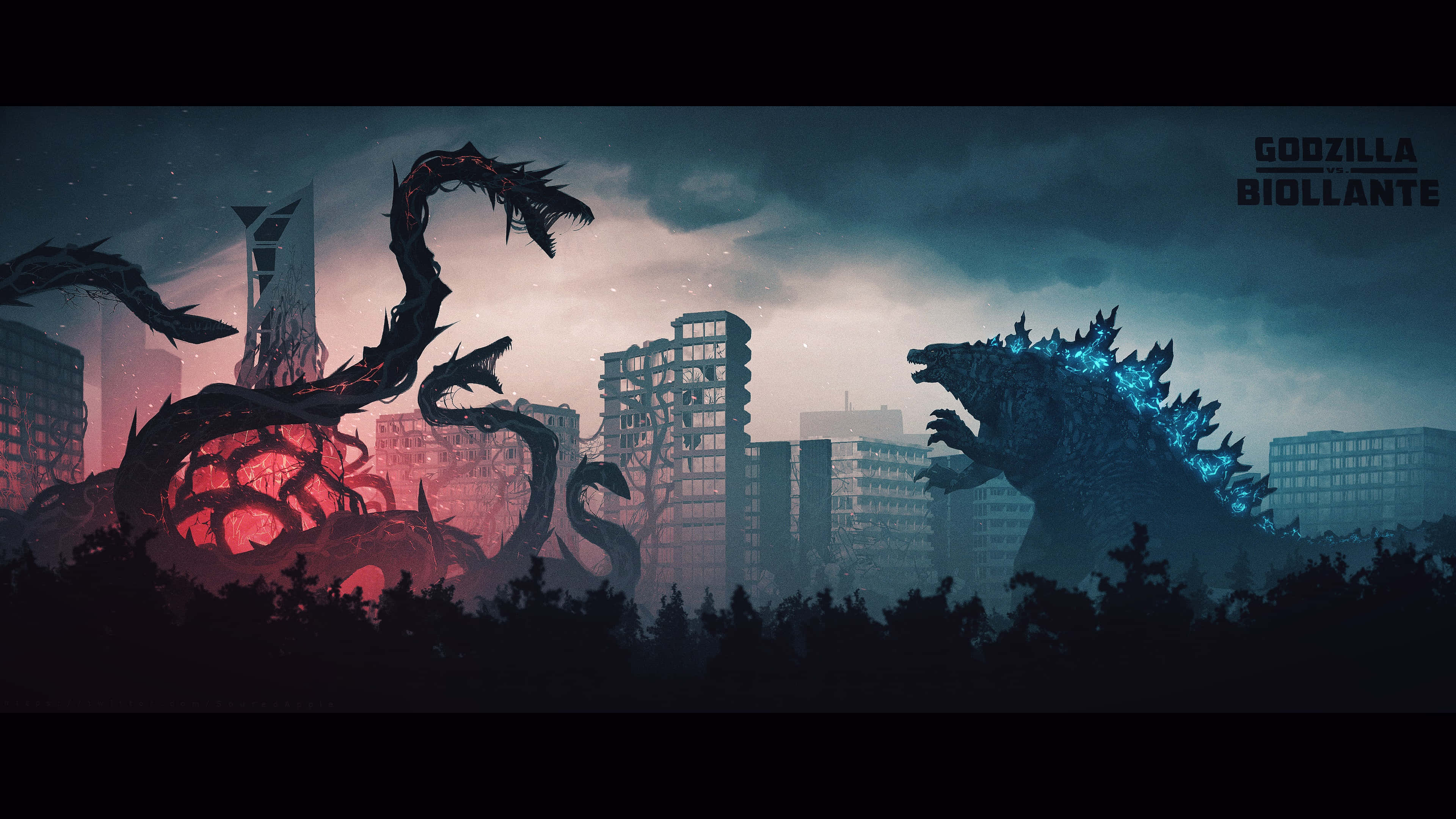 Godzilla Vs Biollante 桌布 壁紙 — 哥斯拉碧奧蘭蒂矗立在廢墟城市景觀中，一個帶有發光紅色核心和黑暗藤蔓的怪異植物生物從地面升起。
