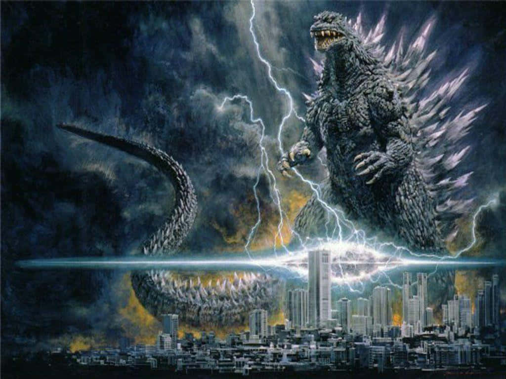Burning Godzilla 桌布 壁紙 — 哥斯拉站在城市上空，閃電在他周圍劈下，他帶刺的背在暴風雨的天空下閃閃發光。