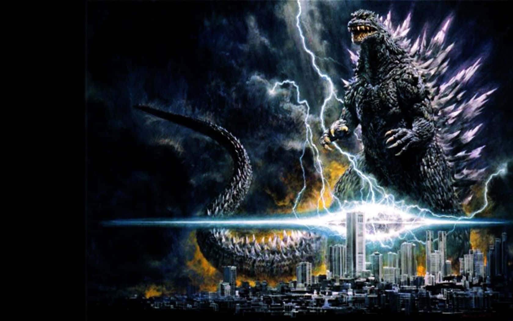 Godzilla Art 桌布 壁紙 — 哥斯拉站在城市天際線上，閃電在他周圍劈下，他帶刺的背部在暴風雨的天空下閃閃發光。