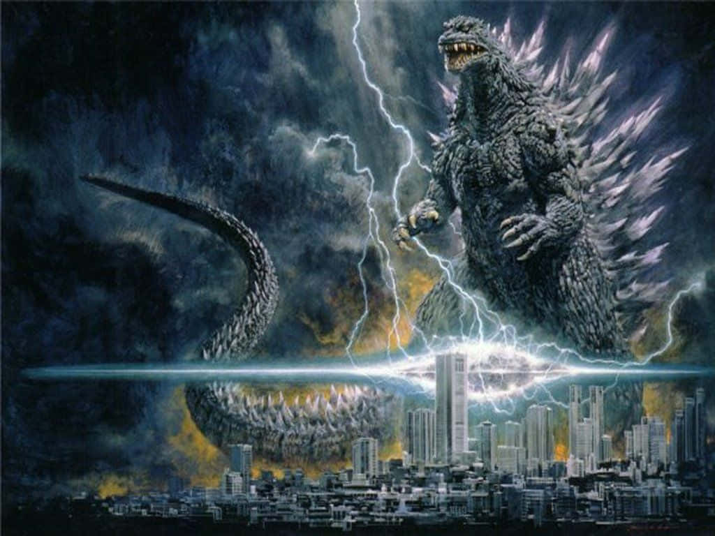 Classic Godzilla 桌布 壁紙 — 哥斯拉站在城市天際線上，閃電在他周圍劈下，他帶刺的背在暴風雨的天空下發光。