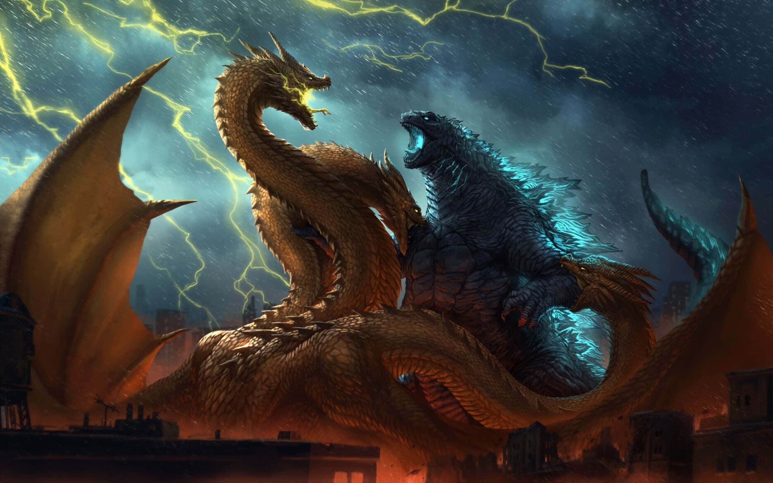 Godzilla Vs King Ghidorah 桌布 壁紙 — 哥斯拉與一條金龍在暴風雨的天空下，伴隨著噼啪作響的閃電，在廢墟城市景觀上激烈碰撞。