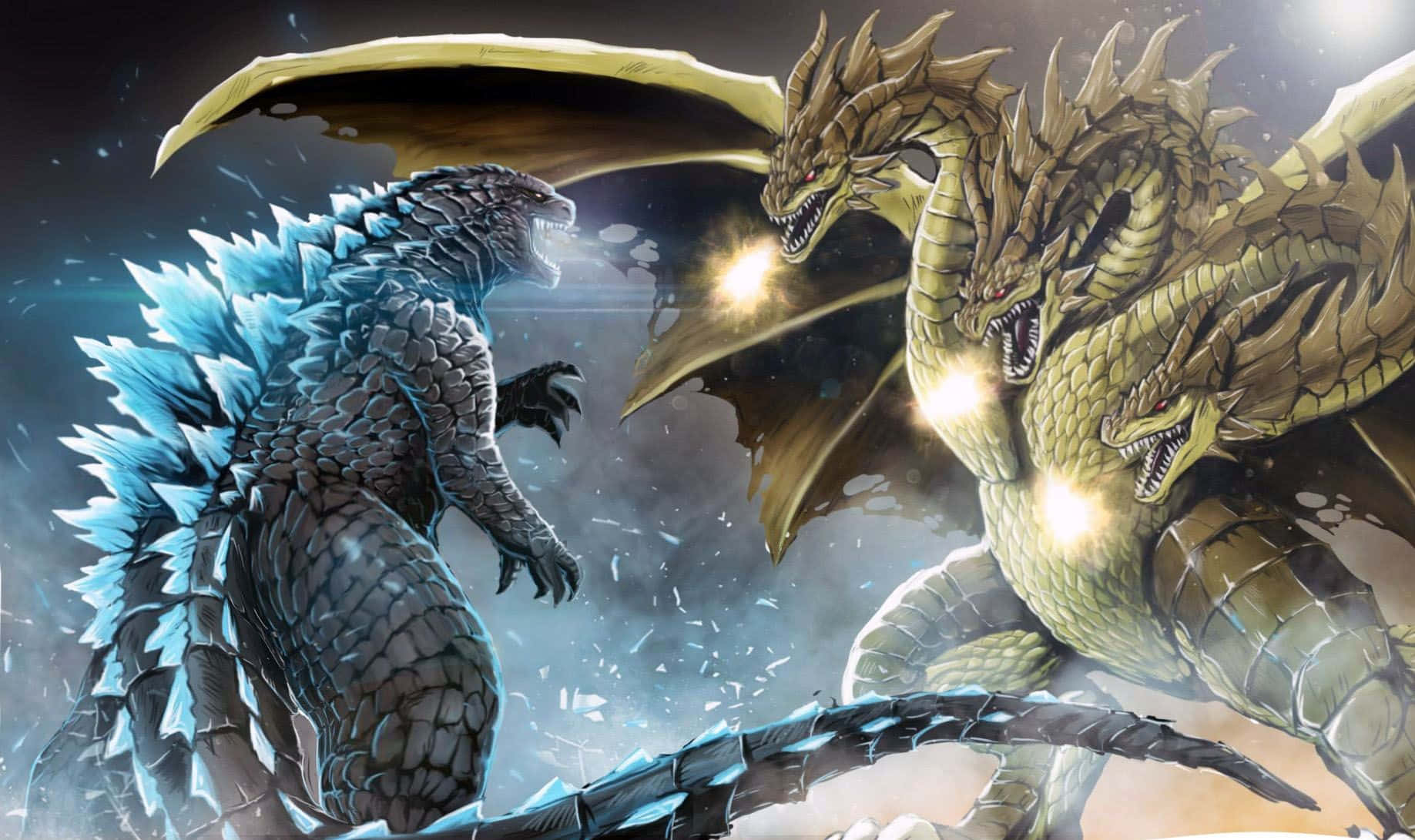 King Ghidorah 桌布 壁紙 — 哥斯拉與三頭金龍在宇宙戰鬥中對峙，眼睛發光，碎片四散。