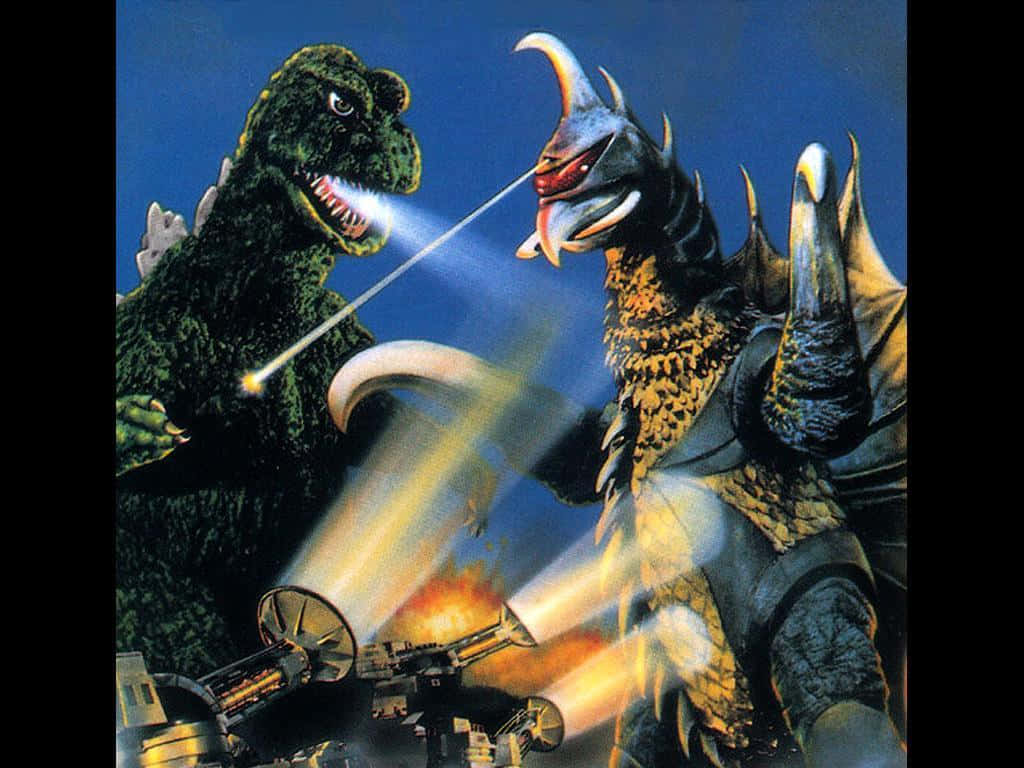 Gigan 桌布 壁紙 — 哥斯拉與王者基多拉在激烈的戰鬥中碰撞，他們的原子吐息在深藍色的天空中交匯。