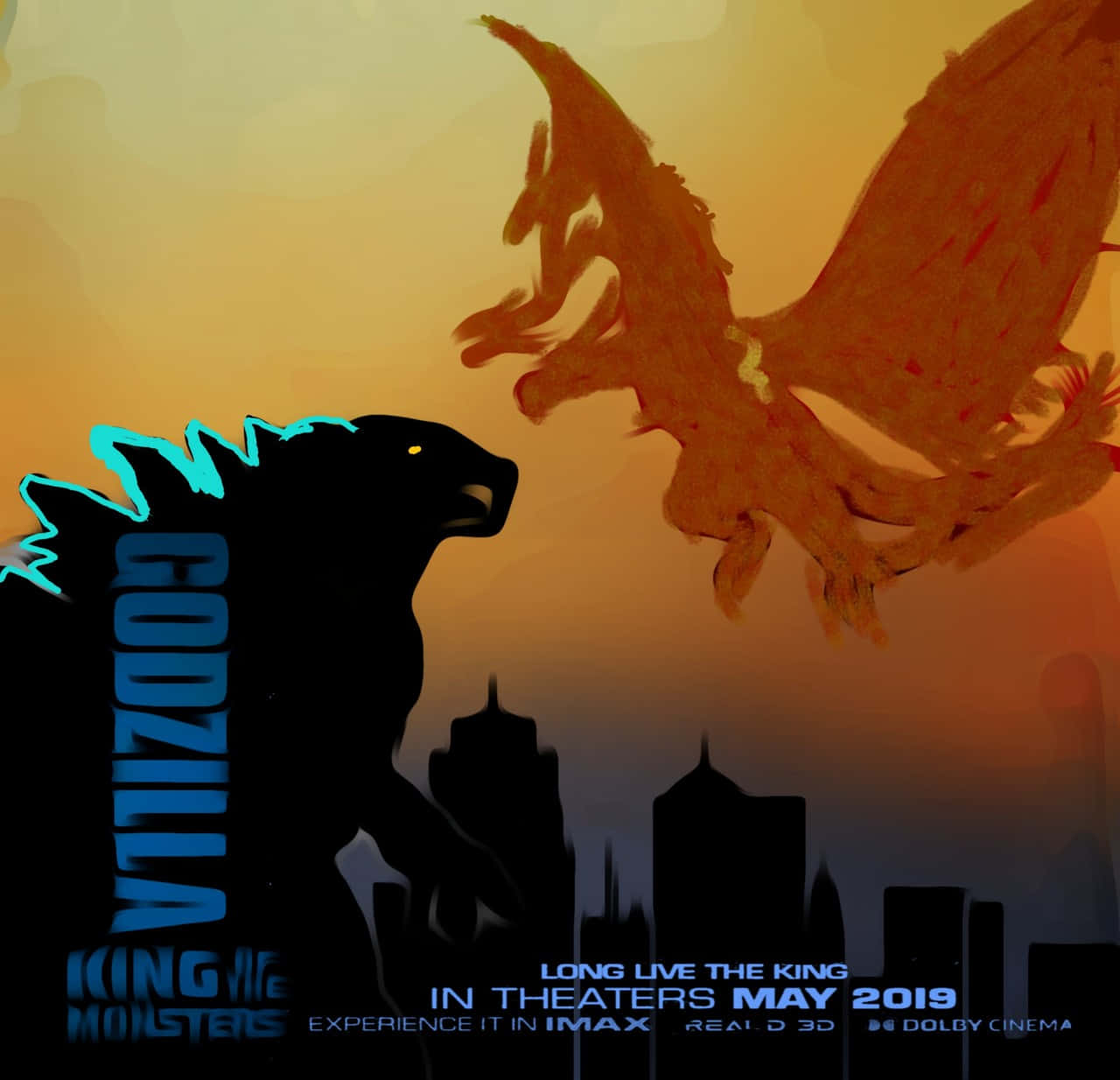 Godzilla Vs Rodan 桌布 壁紙 — 哥斯拉與王者基多拉在火紅的橙色夕陽下，於城市天際線上空對峙，眼睛發光，並帶有粗體電影文字。