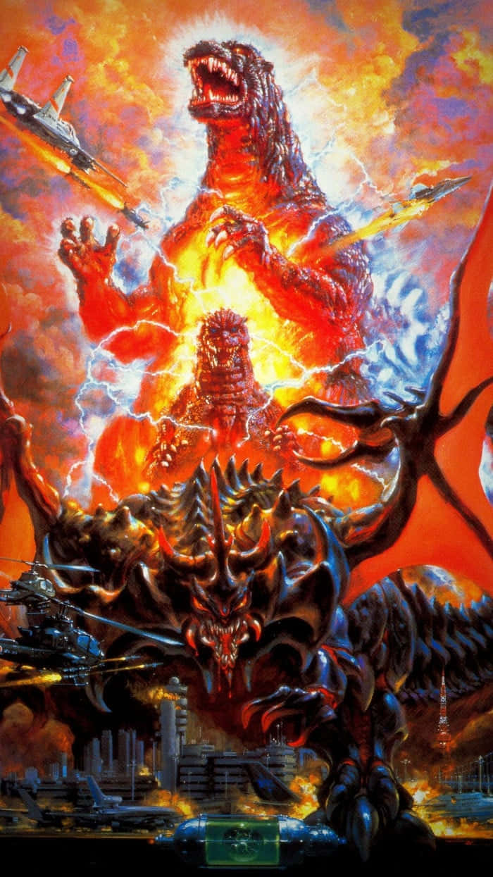 Burning Godzilla 桌布 壁紙 — 哥斯拉與王者基多拉在燃燒的城市景觀上空，於熾熱的爆炸和閃電中戰鬥。