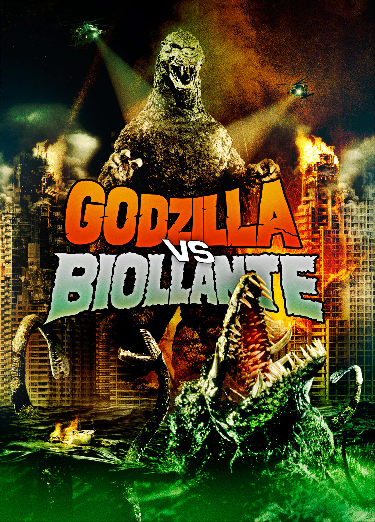 Godzilla Vs Biollante 桌布 壁紙 — 哥斯拉與碧奧蘭蒂在燃燒的摩天大樓中戰鬥，直升機在混亂的城市末日中發射光束。