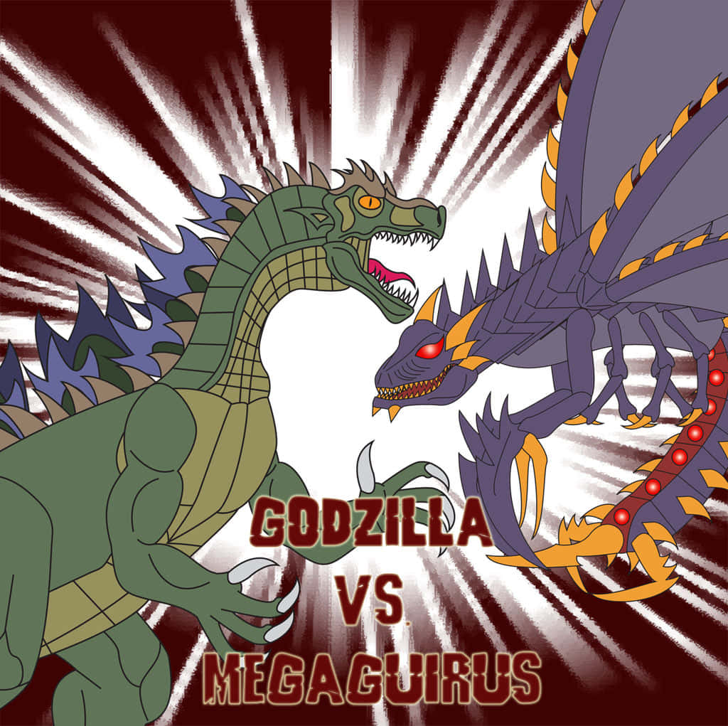 Godzilla Vs Megaguirus 桌布 壁紙 — 哥斯拉與美加基拉斯在一個動態的動漫戰鬥場景中對峙，身後散發著爆炸性的能量光束。