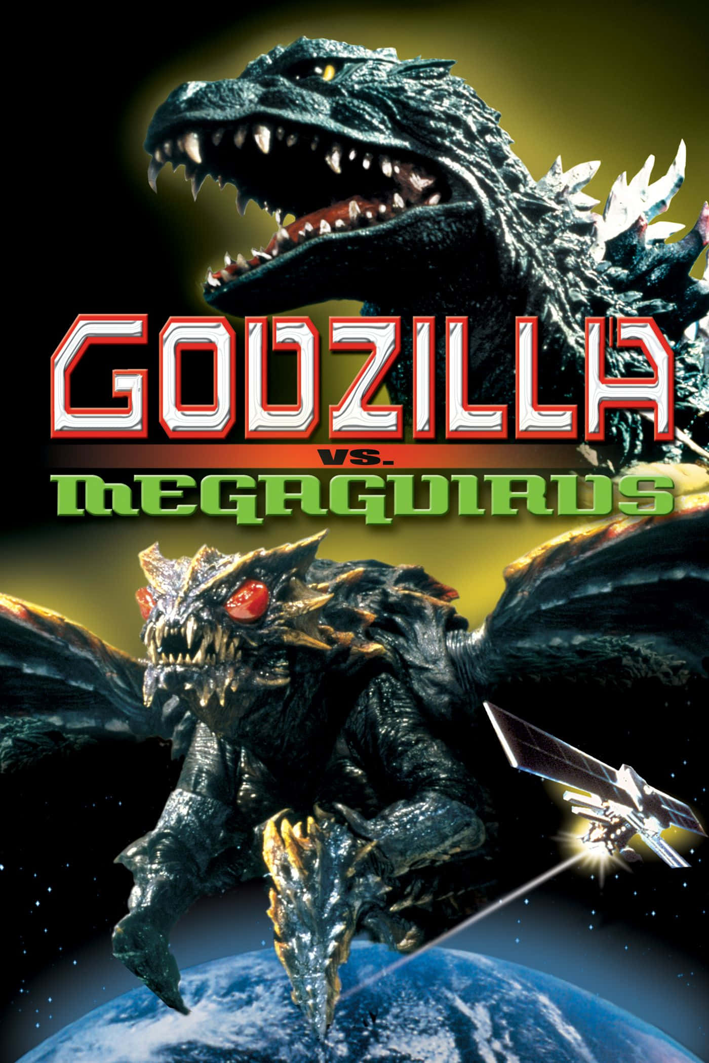 Godzilla Vs Megaguirus 桌布 壁紙 — 哥斯拉與美加基拉斯在地球上空交鋒，衛星在宇宙背景中發射。