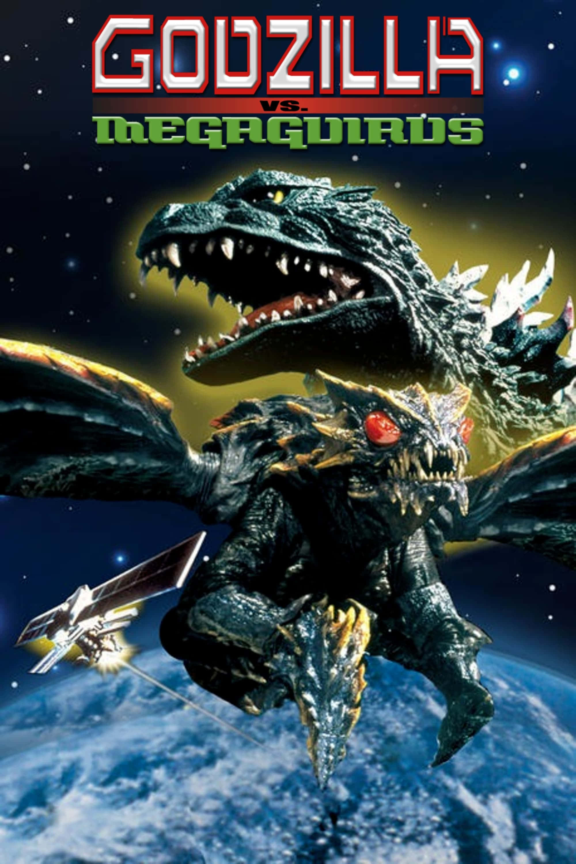Godzilla Vs Megaguirus 桌布 壁紙 — 哥斯拉與美加基拉斯在地球上空的太空中碰撞，一顆衛星正在向他們開火。