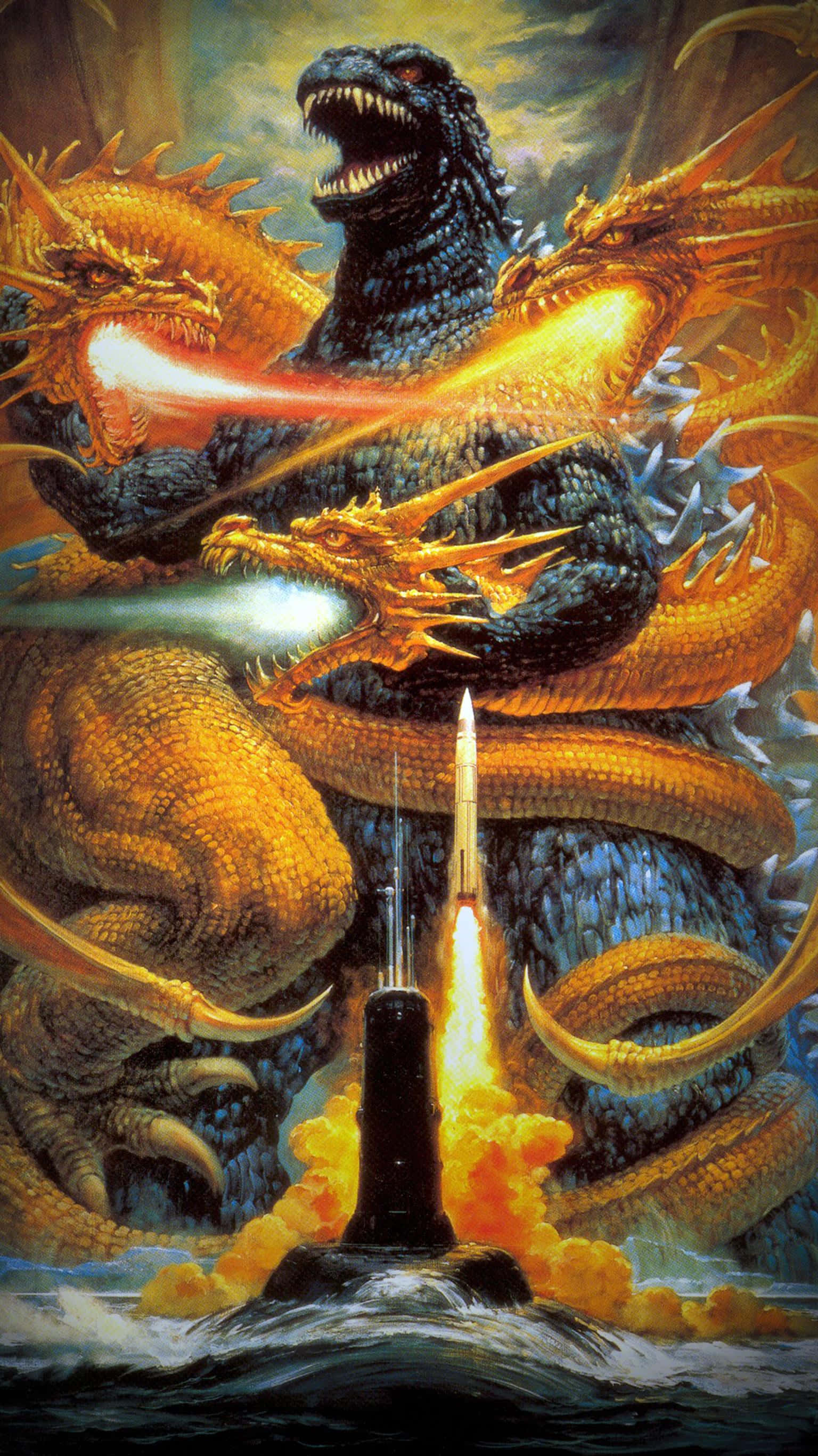 Godzilla 2000 桌布 壁紙 — 哥斯拉與金龍戰鬥，同時潛艇在熾熱的海洋水域中發射導彈。