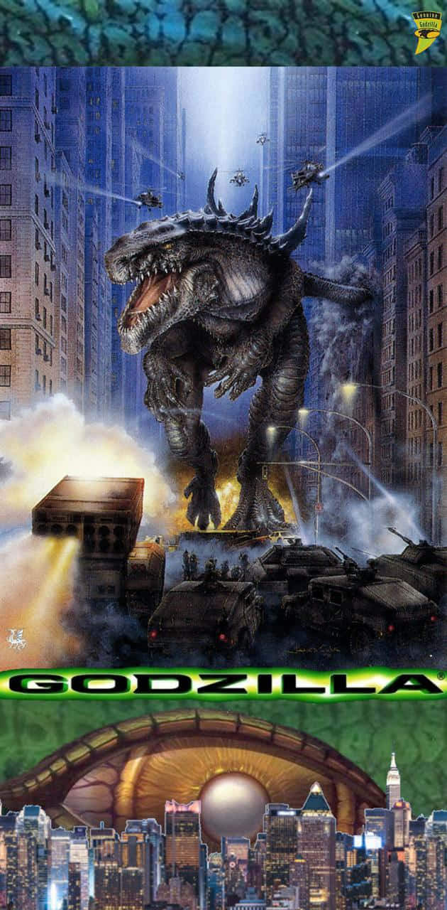 godzilla 1998 桌布 壁紙 — 哥斯拉踩過廢墟城市，直升機發射光束，坦克在發光的天空下前進。