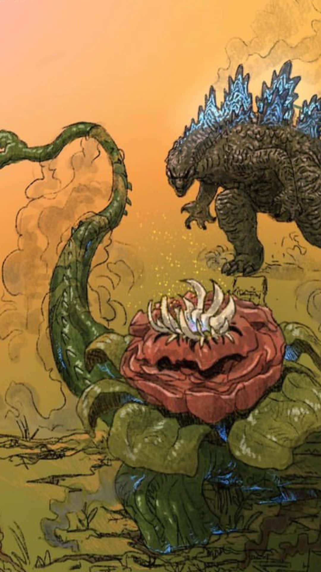 Godzilla Vs Biollante 桌布 壁紙 — 哥斯拉面對一棵巨大的食肉植物，植物有發光的白色牙齒，背景是熾熱的橙色天空。