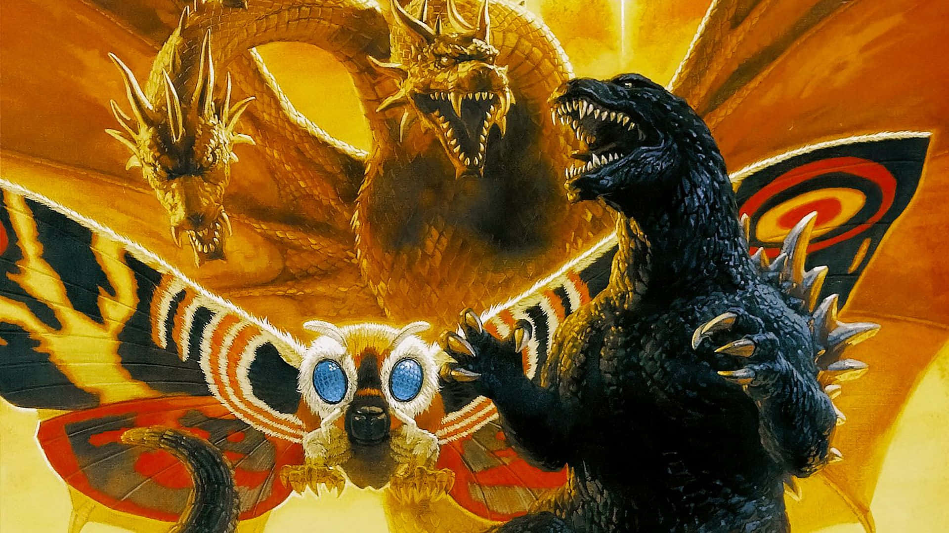 Godzilla 2000 桌布 壁紙 — 哥斯拉面對一隻金色三頭龍和一隻發著藍光的蛾狀生物，背景是熾熱的橙色。