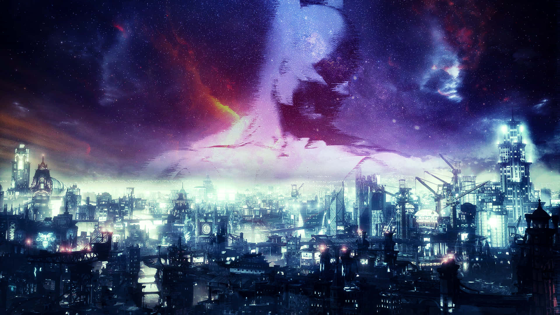 在色彩繽紛的宇宙天空下，未來主義的城市天際線夜景。