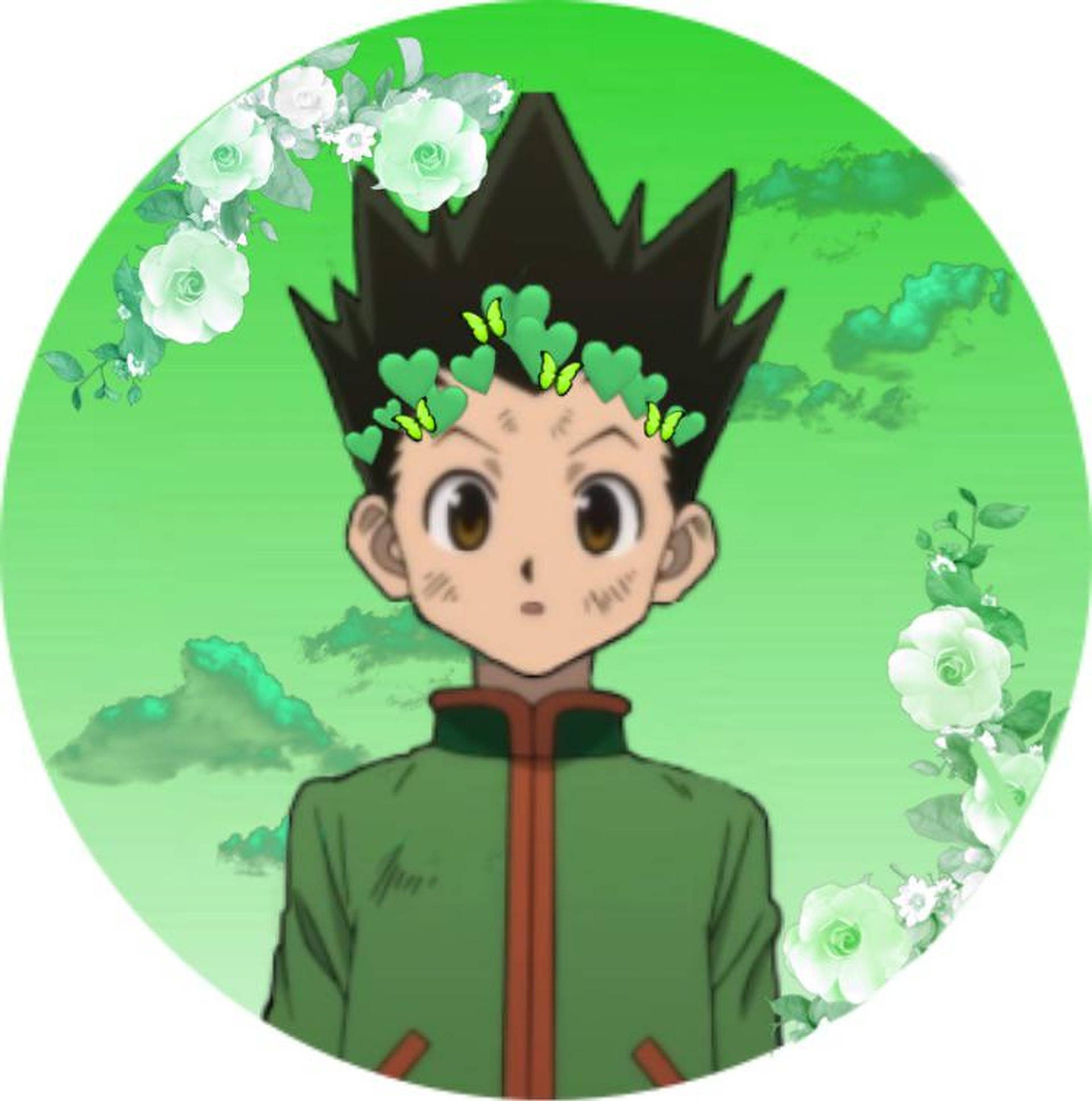 哥頓·費爾斯 動漫頭像 壁紙 — 一個年輕的動漫男孩，有著刺蝟般的黑色頭髮和綠色心形葉子，蝴蝶在他頭頂飛舞，背景是柔和的綠色天空和白色花朵。
