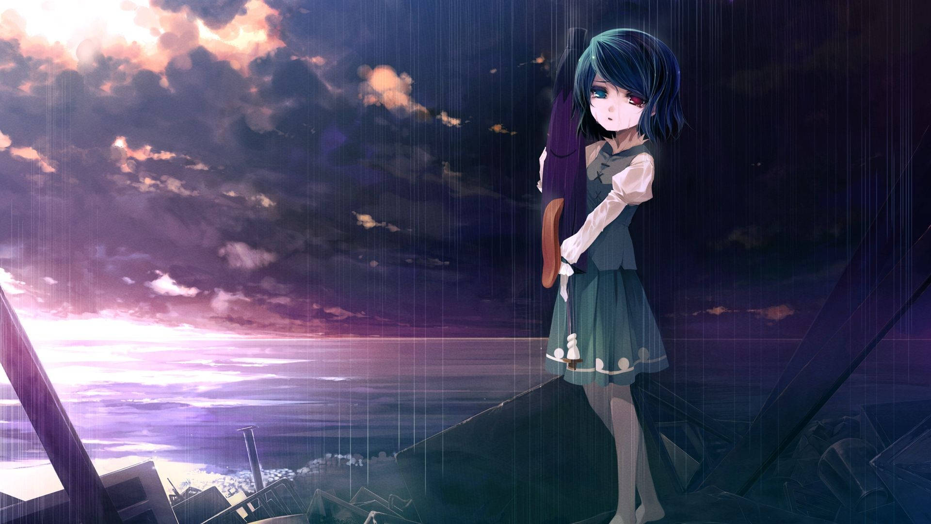 黃昏時在廢墟屋頂上雨中的動漫女孩
