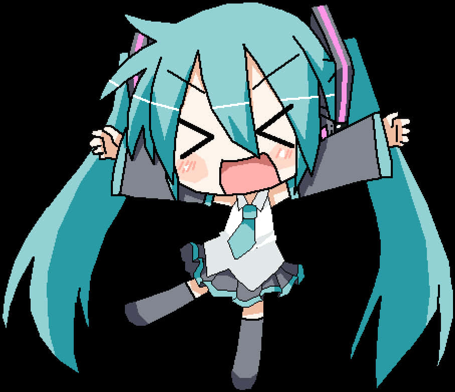 哭泣Q版初音未來 壁紙 — 一個有著青綠色辮子和校服的Q版動漫女孩在黑色背景前開心地笑著。