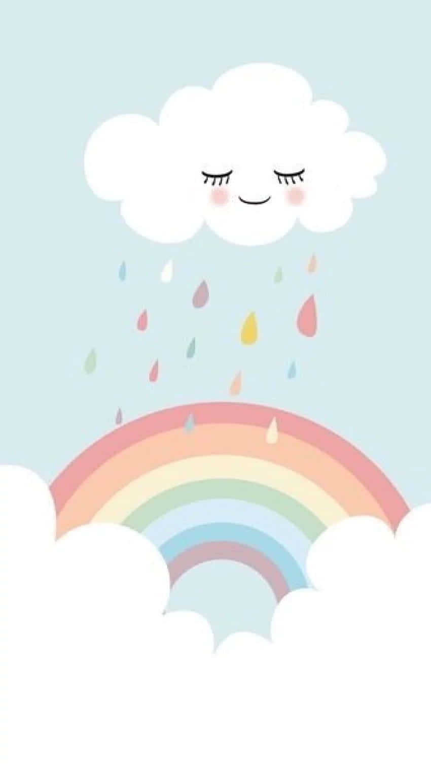 一朵歡快的卡通雲朵在明亮的彩虹上灑下彩色水滴。