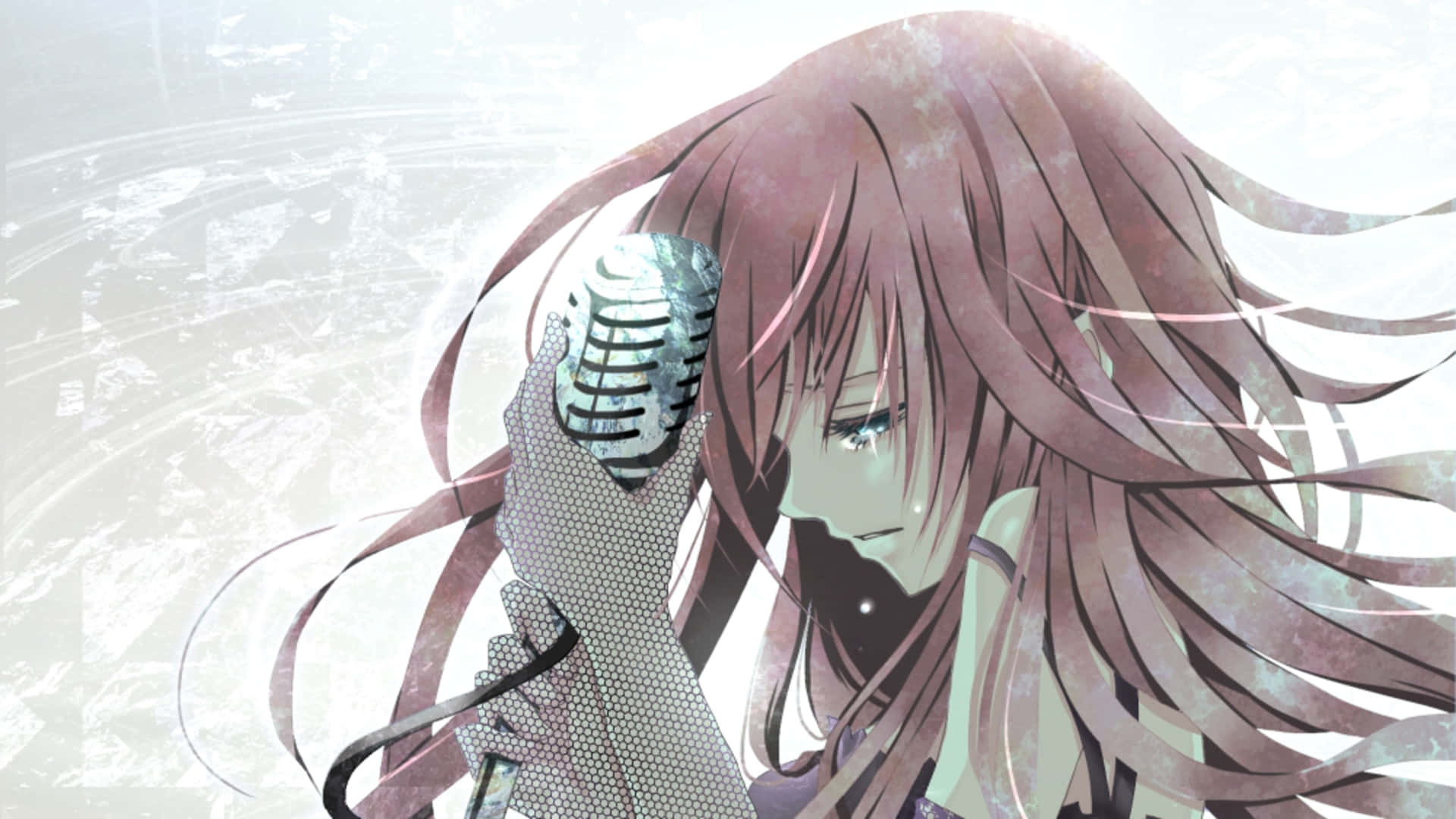 粉紅色頭髮的動漫女孩拿著復古麥克風。