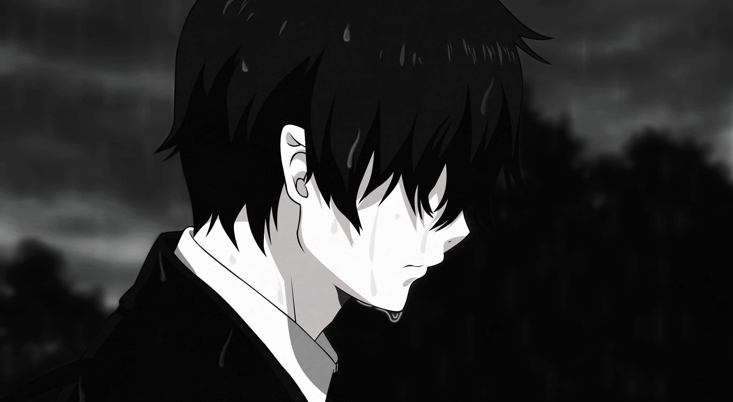 哭泣的 Rin Okumura《藍色驅魔師》悲傷背景 壁紙 — 一個憂鬱的動漫男孩，黑髮帶淚痕，在灰階雨景中向下凝視。