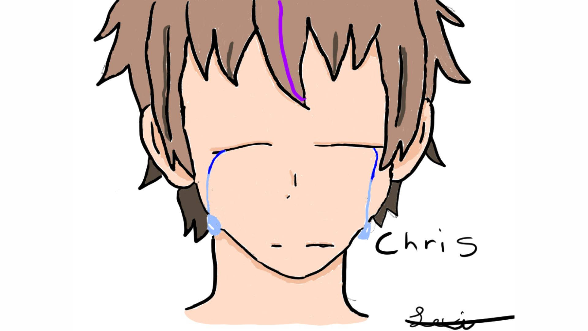 動漫角色Chris流著藍色眼淚，棕色頭髮，正在哭泣。