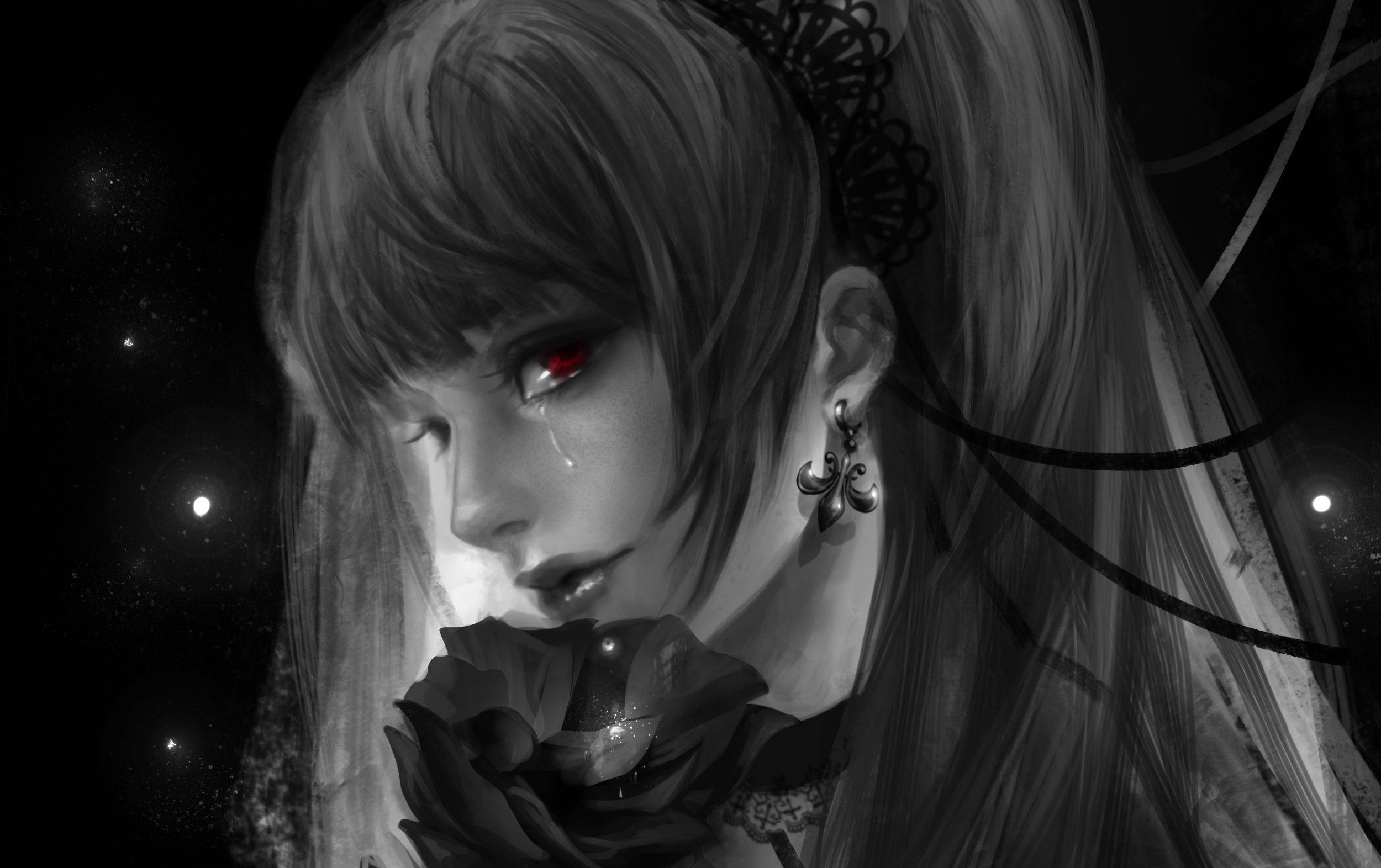哭泣的Misa Amane 壁紙 — 一個憂鬱的動漫女孩，紅眼睛，戴著黑色面紗，在星空下拿著一朵玫瑰。
