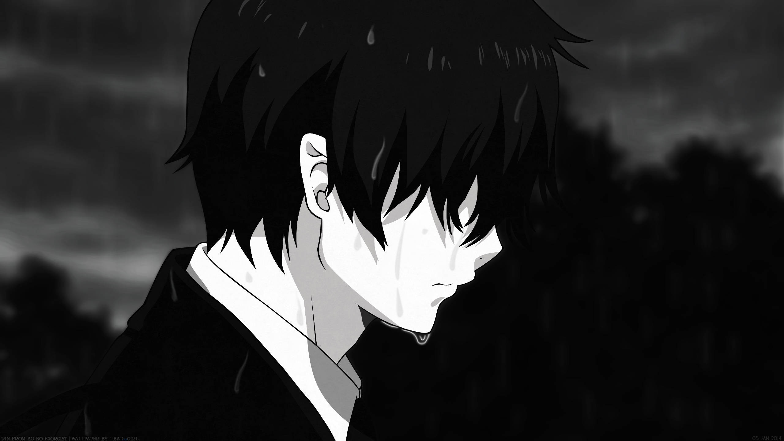 哭泣的傷心動漫男孩 壁紙 — 一個憂鬱的動漫男孩，濕髮帶淚，在灰階雨中，背景黑暗模糊。
