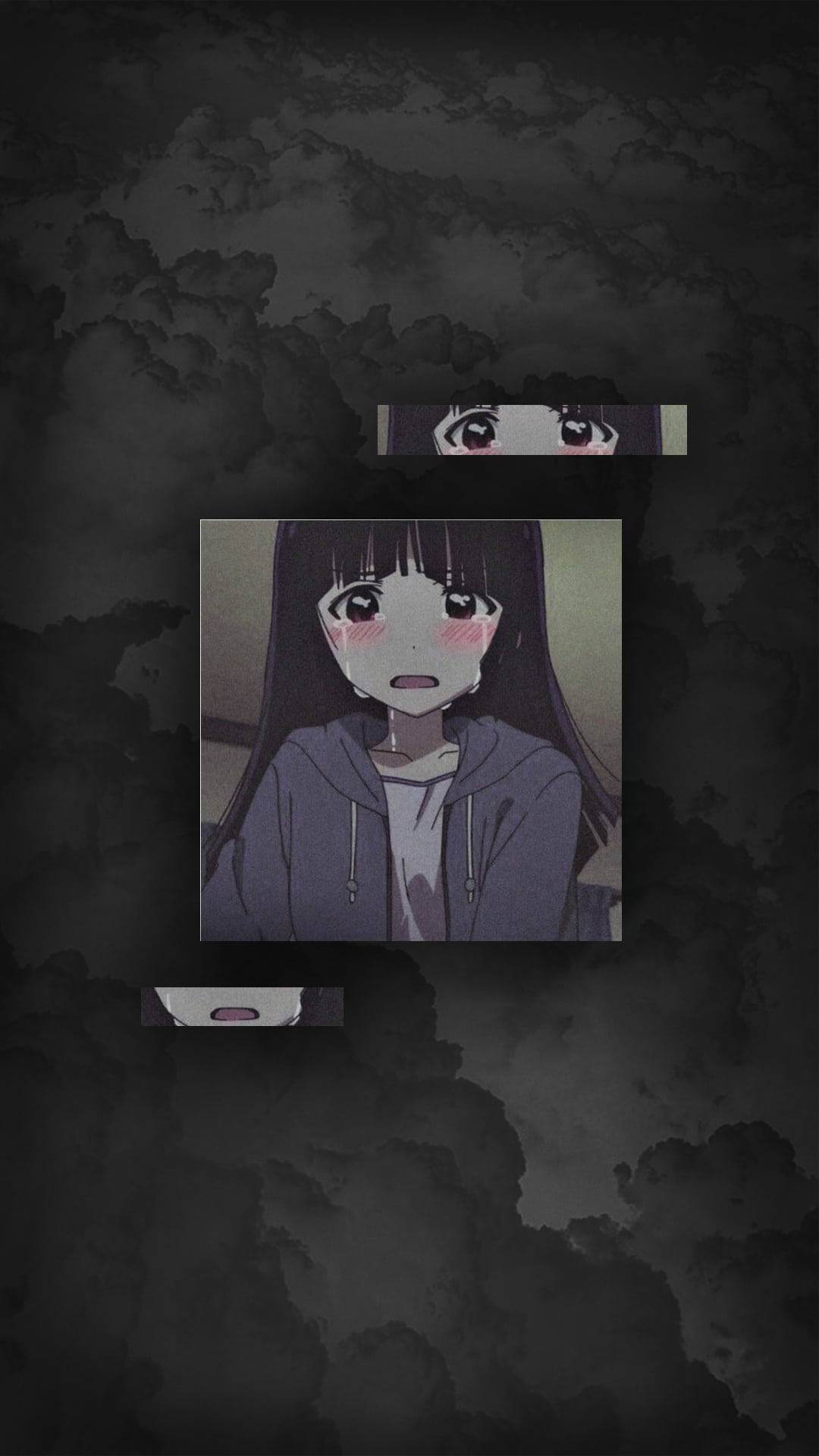 一個穿著連帽衫、臉頰粉紅的驚訝動漫女孩，背景是黑暗的雲層。
