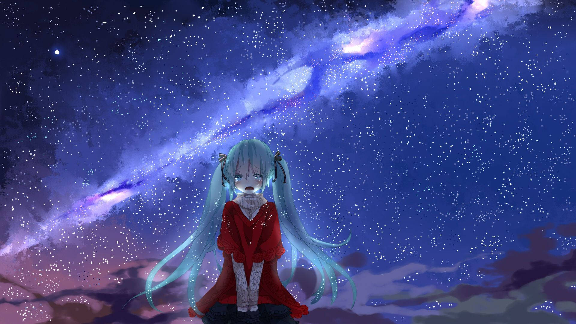 藍髮動漫女孩紅色外套星空下