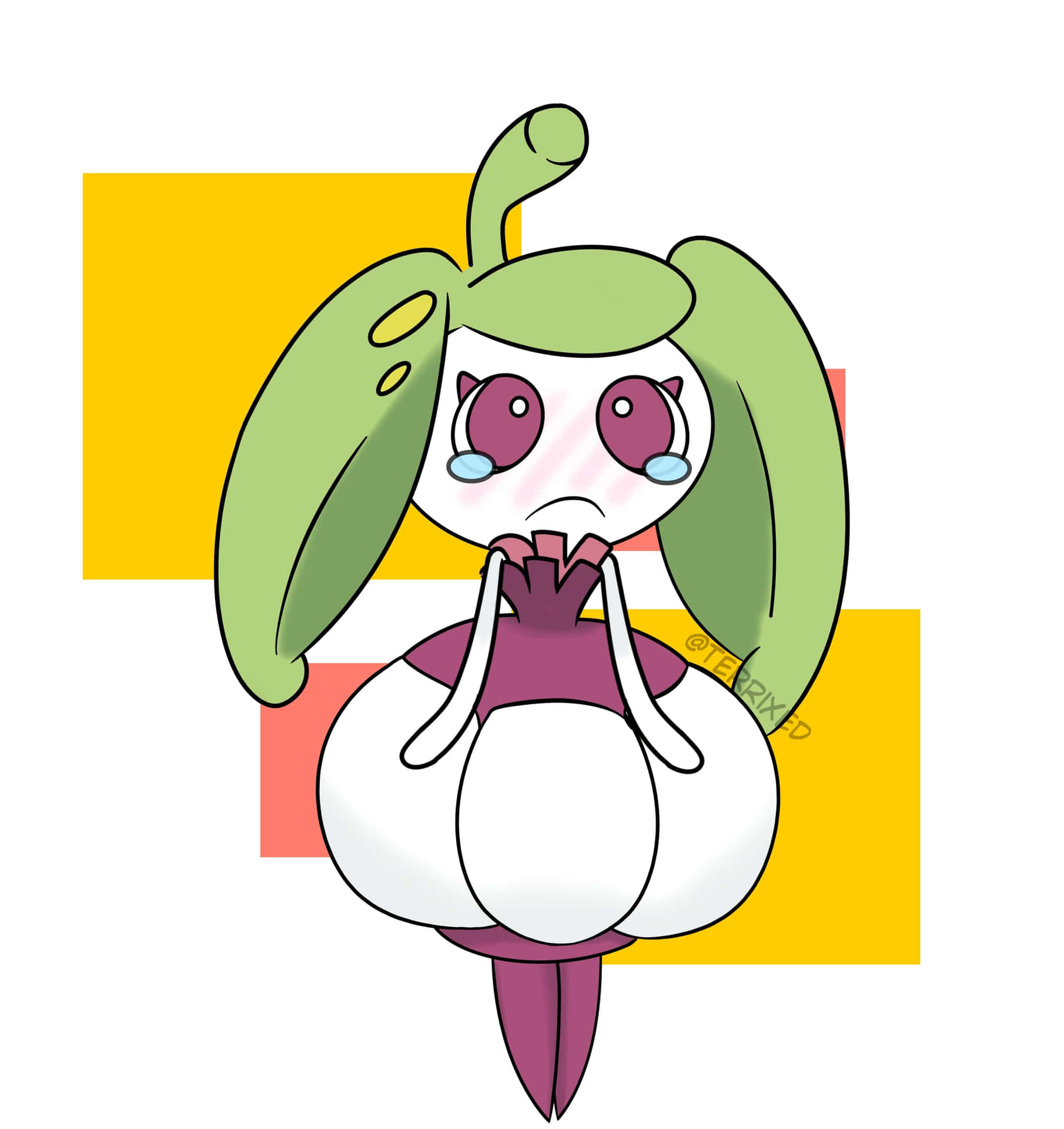 可愛的動漫植物角色，淚眼和葉子耳朵，背景為彩色方塊。