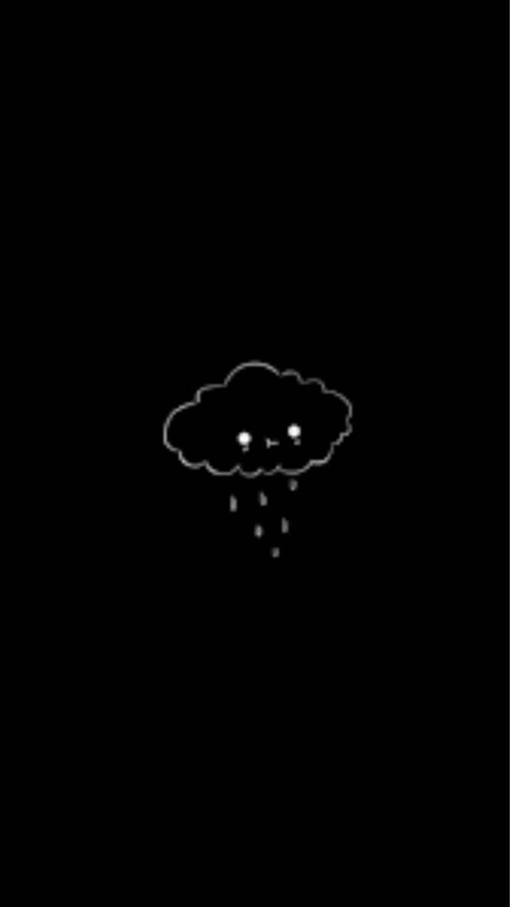 哭泣的雲 壁紙 — 一個極簡風格的白色線條畫，描繪一朵悲傷的卡通雲在黑色背景上下雨。