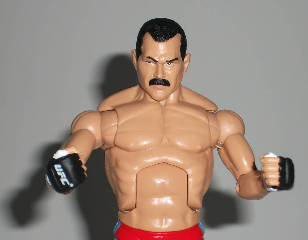 唐·弗萊動作人偶上半身照 壁紙 — 一個肌肉發達的UFC動作人偶，留著鬍子，戴著黑色手套，在純灰色背景前擺姿勢。