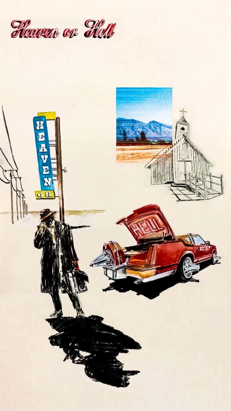 男子攜帶行李箱站在標有「HELL」的紅色汽車旁，靠近「HEAVEN」汽車旅館和教堂。