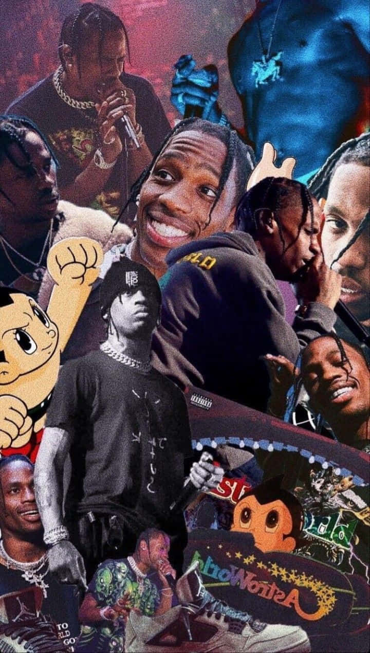 Travis Scott 拼貼畫，帶有塗鴉和卡通角色。