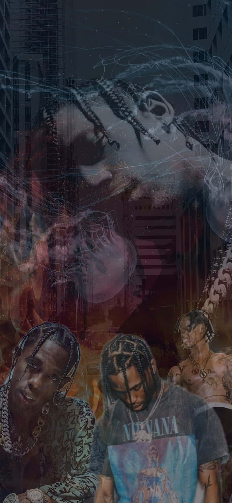 數位藝術拼貼畫，描繪一位辮子男子在城市中，帶有發光的抽象線條和火熱色調。