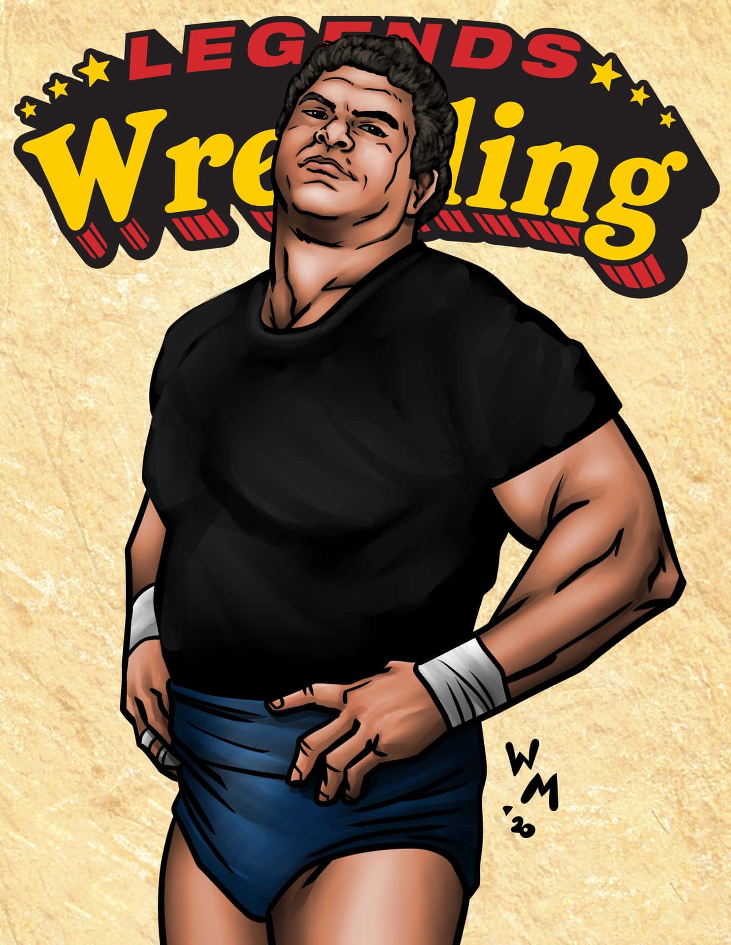 摔角手穿著黑色襯衫和藍色短褲，站在「Legends Wrestling」橫幅下。
