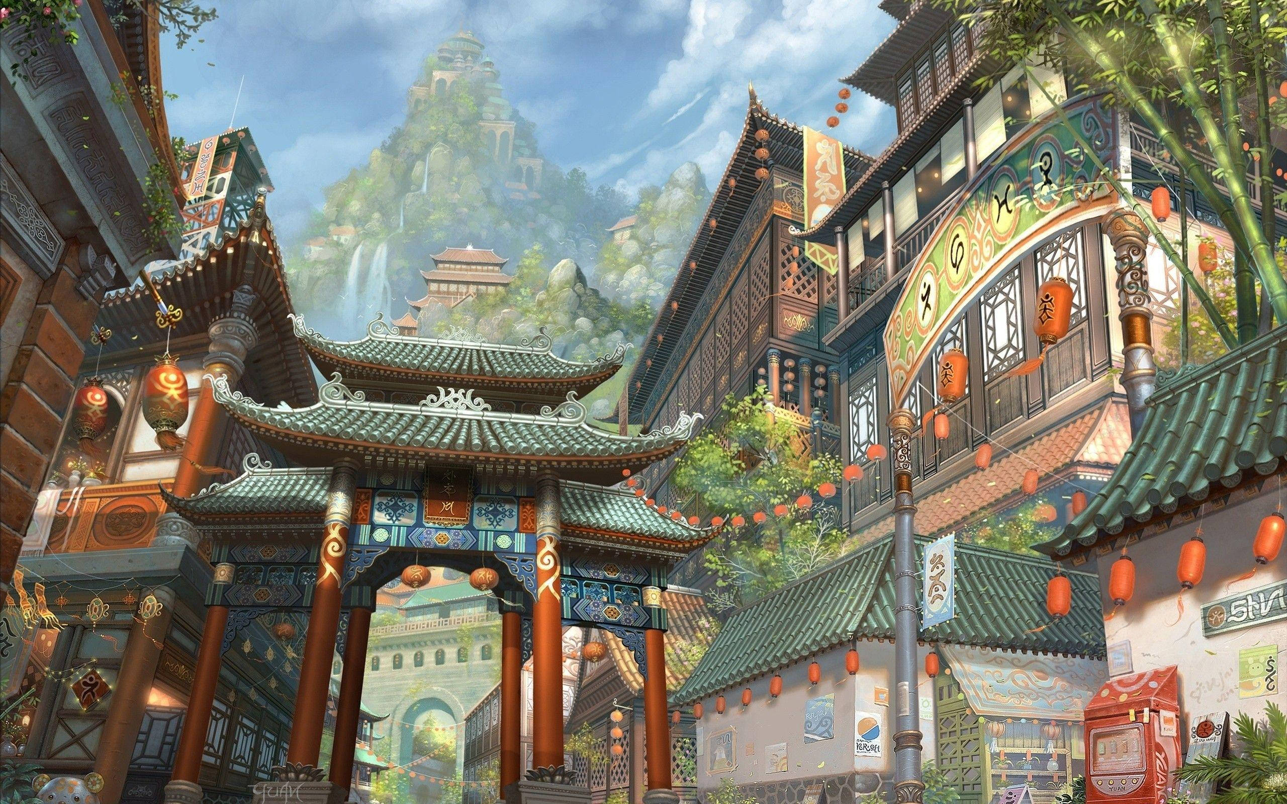 唐人街古宅 壁紙 — 一個充滿活力的幻想小鎮，擁有傳統中國建築，坐落在鬱鬱蔥蔥的青山之中，天空湛藍。