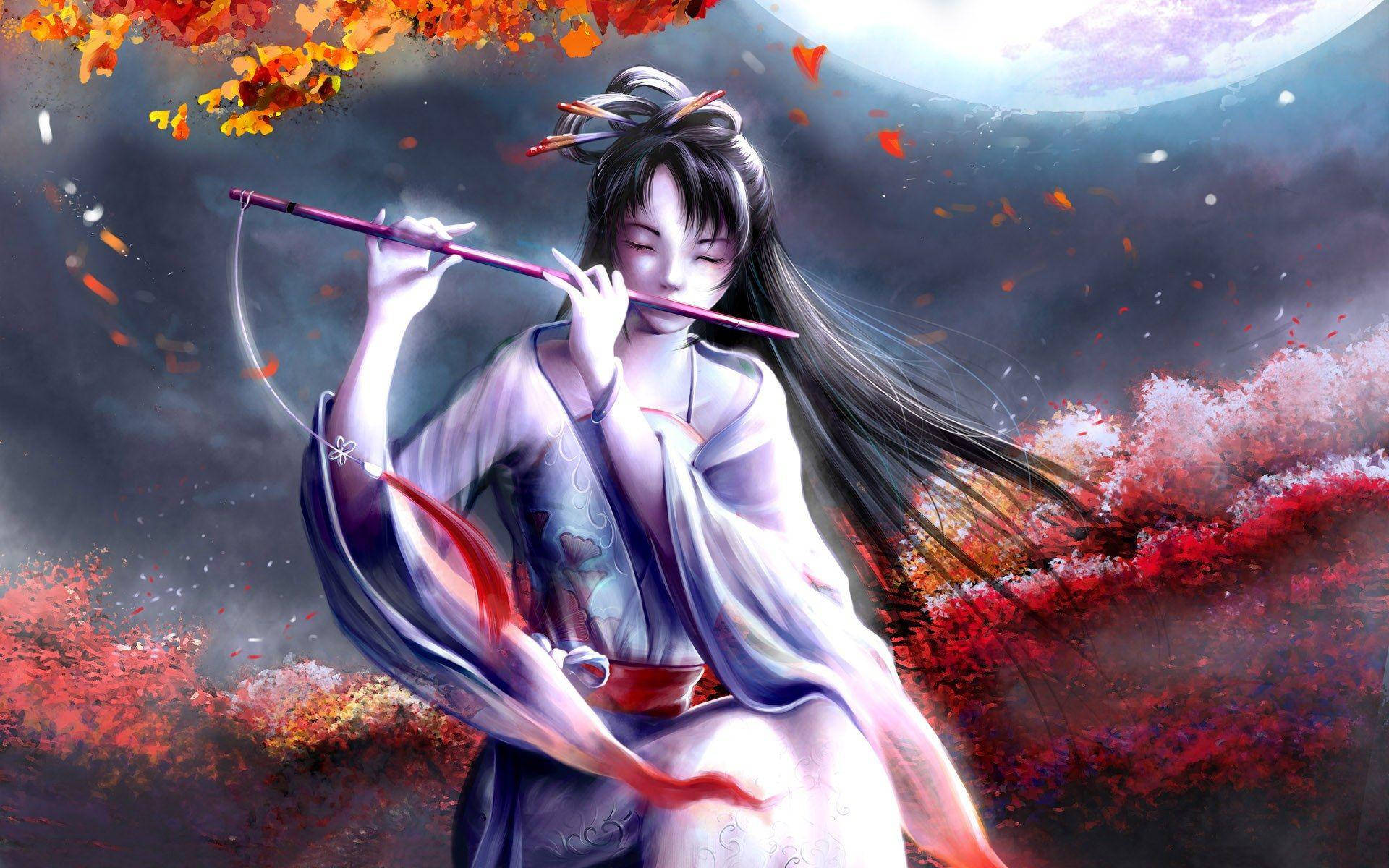 唐人街吹笛少女 壁紙 — 一位寧靜的動漫少女穿著飄逸長袍，在閃耀的月亮下吹奏長笛，秋葉在她周圍旋轉。